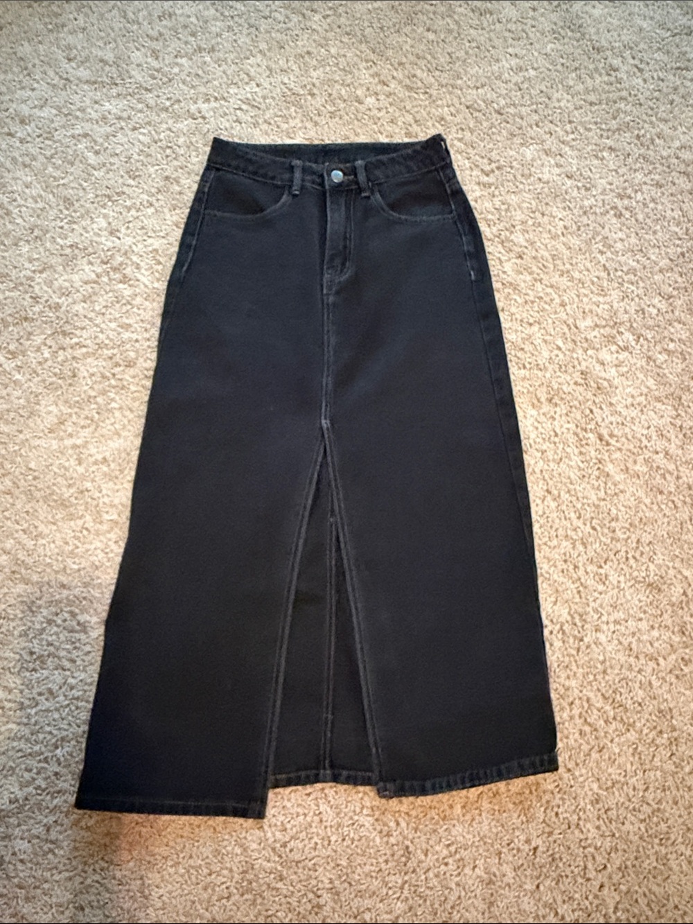 High-Rise Black Midi Skirt with Center Front Slit